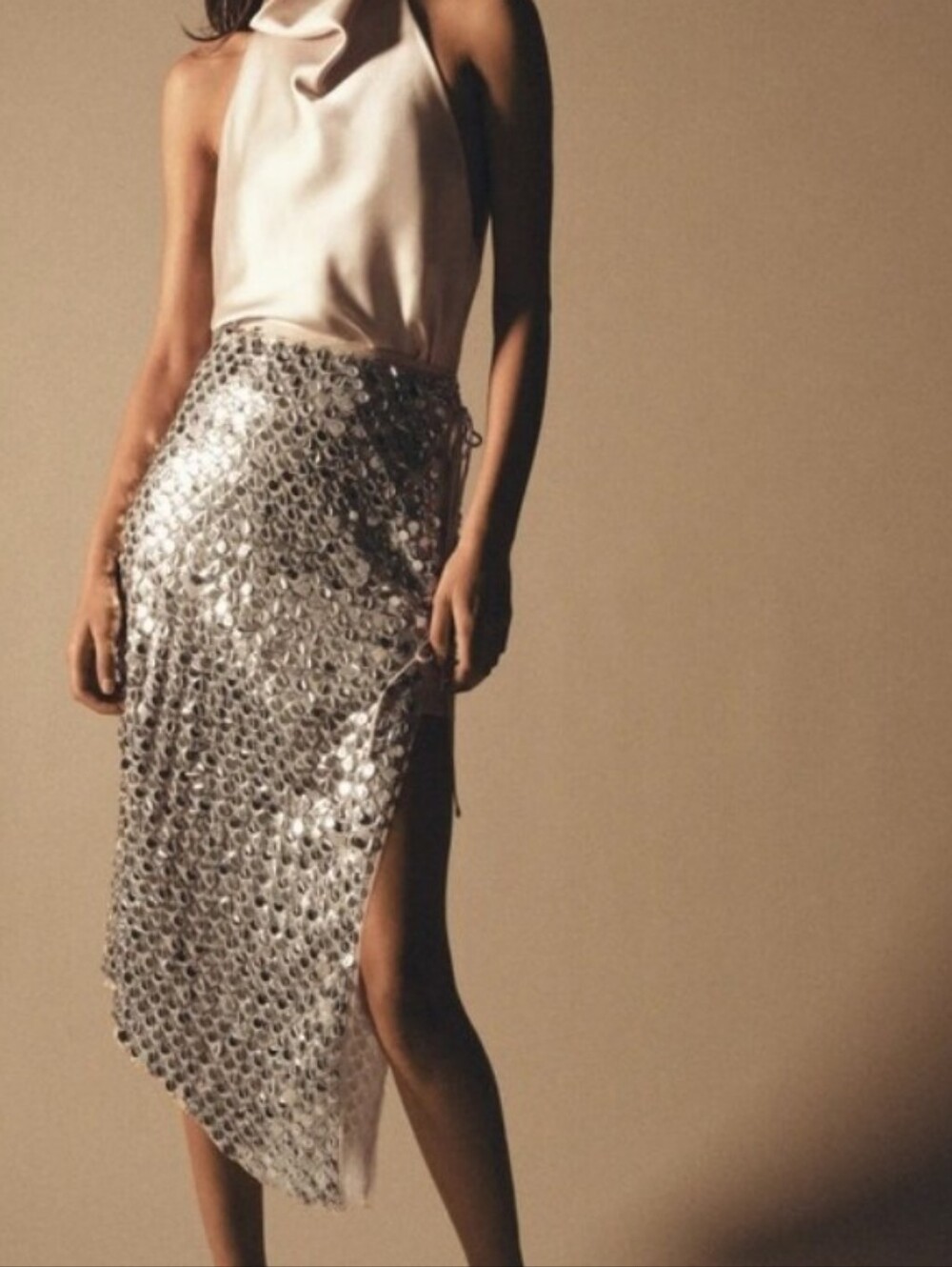 Zara Nude And Silver Asymmetric Sequin Midi Skirt with Side Slit Sz-M